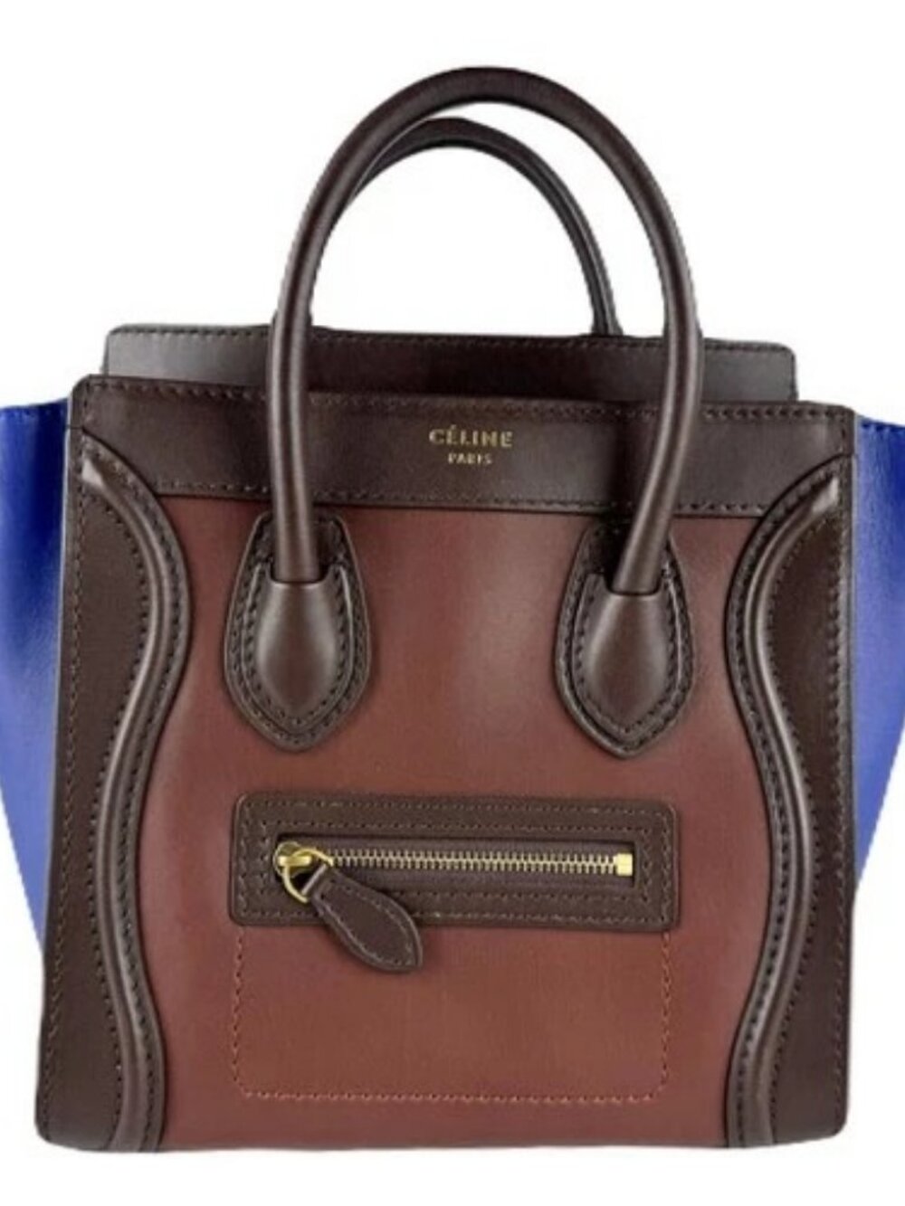 Auth CELINE Luggage Nano Shopper Handbag Shoulder Bag Brown/Blue Leather - z8347